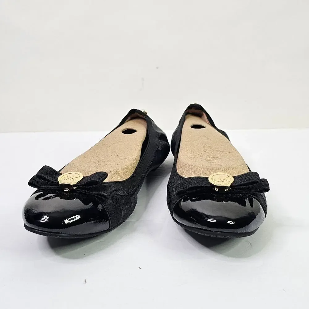 NWOB MICHAEL Michael Kors Black Dixie Patent Cap-Toe Bow Flats